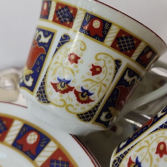 Vintage Set of 4 Imari Japan Derbyshire Fine china SnackDessert Plates & Teacups - Picture 3 of 14